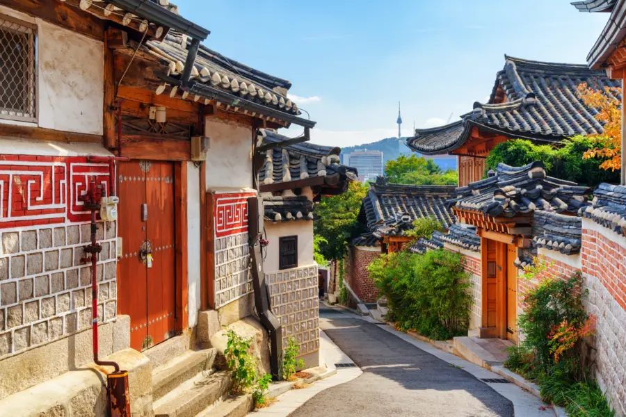 Avila Reizen Zuid Korea Geweldig uitzicht op oude smalle straat en traditionele Koreaanse huizen