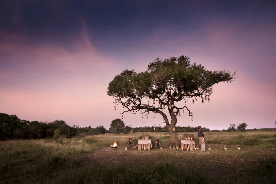 Avila Reizen Zuid-Afrika Phinda Private Game Reserve dinner at sunset with lanterns