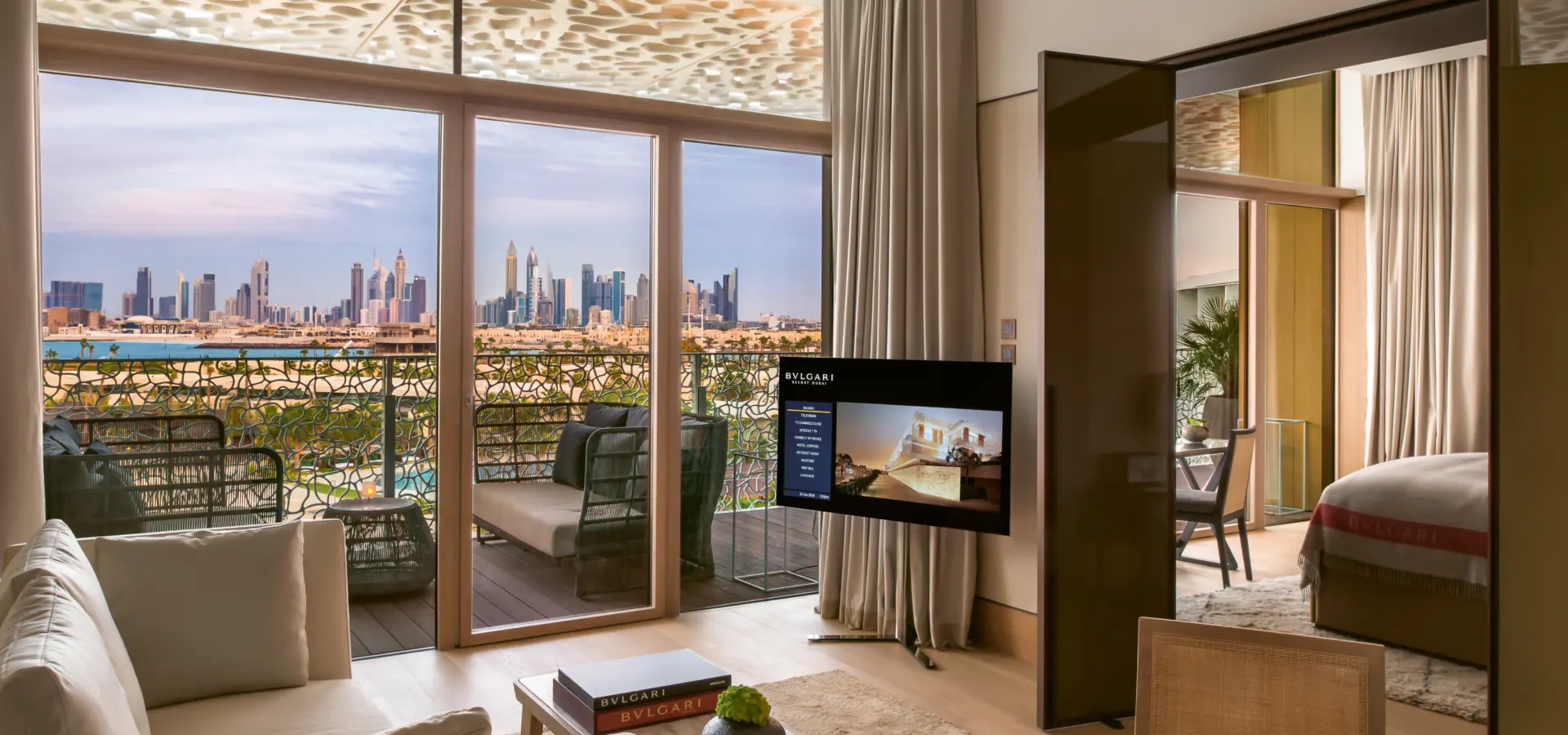 The bvlgari resort dubai junior suite dubai skyline view by day