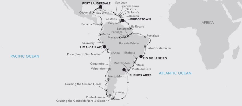 Kaart Silversea Grand South America cruise